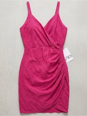 Zara Fuchsia Pink Ruched Wrap Mini Dress Linen Blend Strappy V Neck NWT Medium